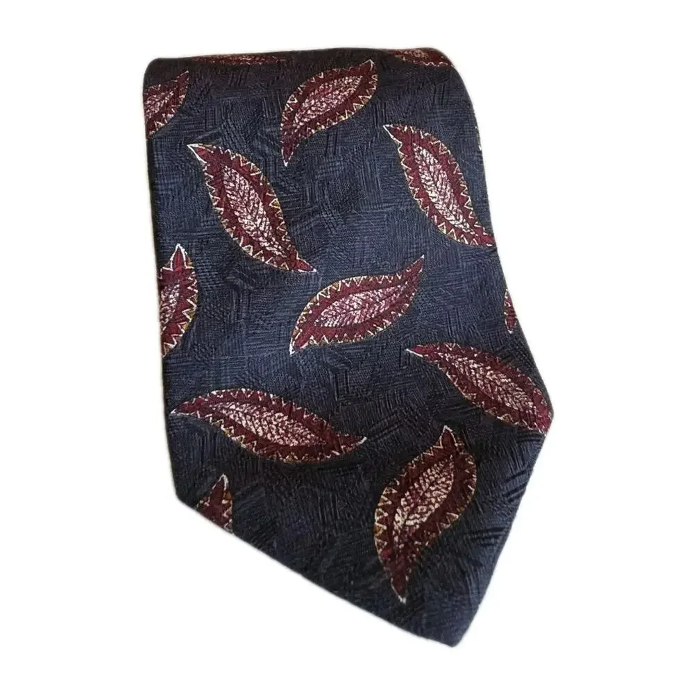 100% Silk Tie LANDS' END Vintage Handmade in USA  Navy Blue Burgundy 3.5